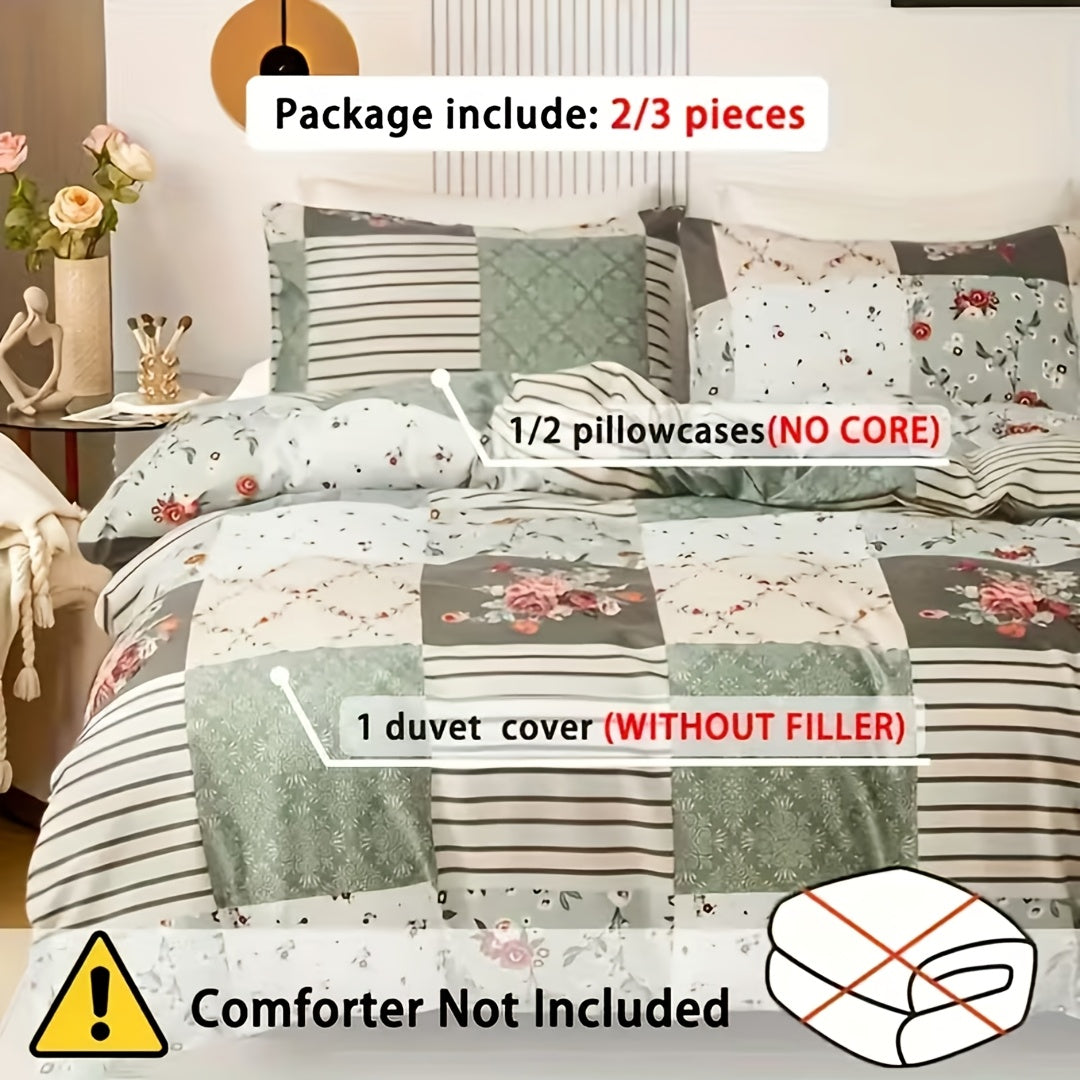 3pcs Floral Print Duvet Cover Set (1 X Duvet Cover And 2 X Pillowcases, Without Core), All-Season Lightweight Patchwork Kids Comforter Cover with Zipper, Pastoral Style Flower Plaid Patchwork Print bedding Comfortable Duvet Cover, for Kids Bedroom