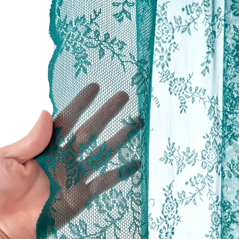 Set of Two White Lace Curtains with Floral Designs, Featuring a Bohemian Style And Semi-Transparent Fabric That Filters Sunlight. Suitable for All Seasons