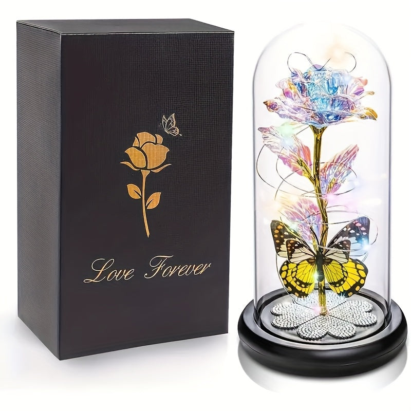 1pc Mother'S Day Rose Gift for Mother, Galaxy Glass Rose Forever Eternal Crystal Flower Glow Rose Glass Dome And Butterfly Birthday Flower Gift for Women'S Mother, Wife, Sisters, Daughter, Purple