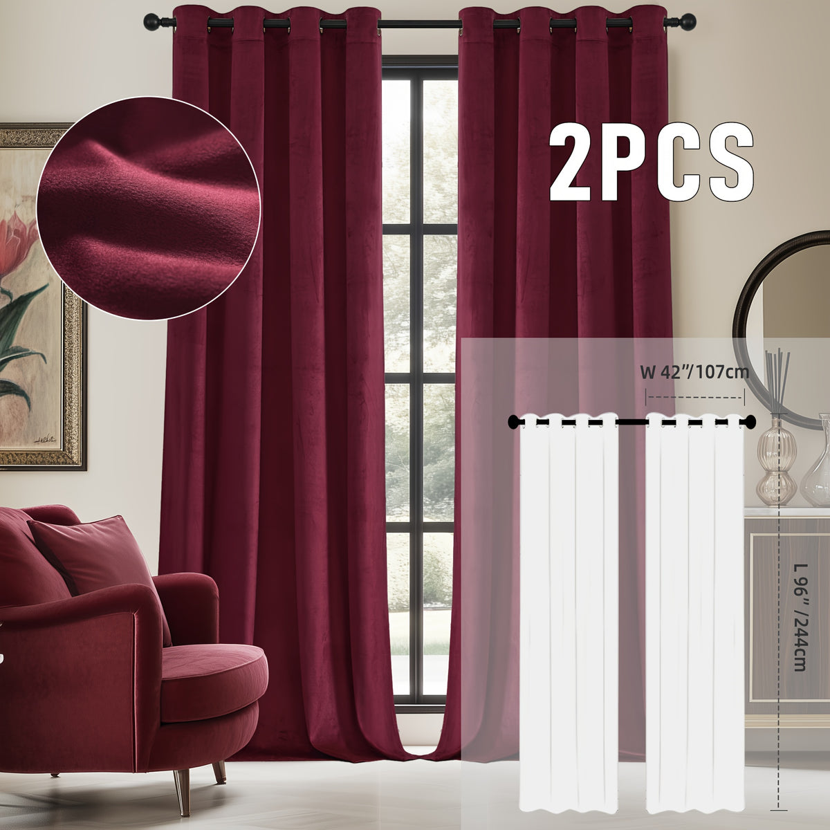 2pcs Velvet Room Darkening Curtains | Vintage Soundproof and Thermal Insulated, Elegant Soft Velvet Grommet Top Curtains for Living Room and Bedroom, Unlined, Solid Color, Fashionable Valentine'S Day Décor