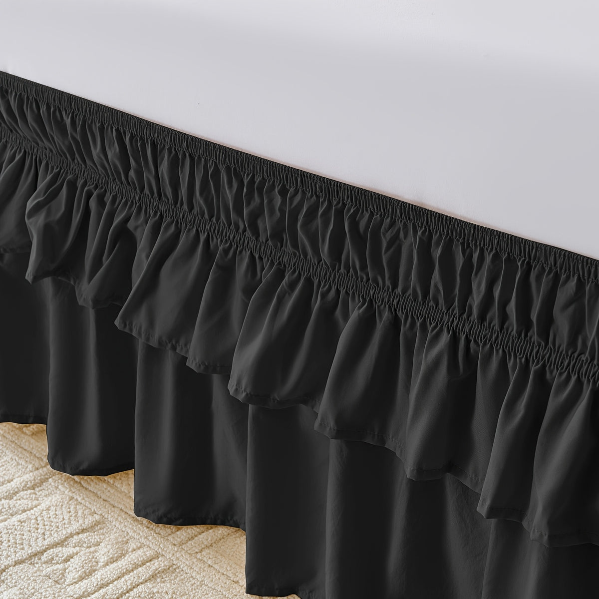Double Ruffle Bed Skirt 16 Inch Drop, Elastic Wrap Around Bed Skirts For Twin Full Queen King Size Bed, Easy To Install Dust Ruffle, Machine Washable Soft Fabric, Multi Ruffle Bedskirt For Bedroom Bedding Home Decor