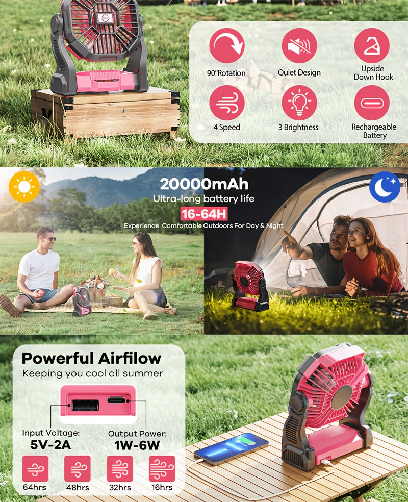 Rechargeable Misting Camping Fan, 20000mAh Portable Outdoor Fan with 4 Speeds, 200ml Water Tank, RGB Lighting and USB Output for Tent and Patio Use