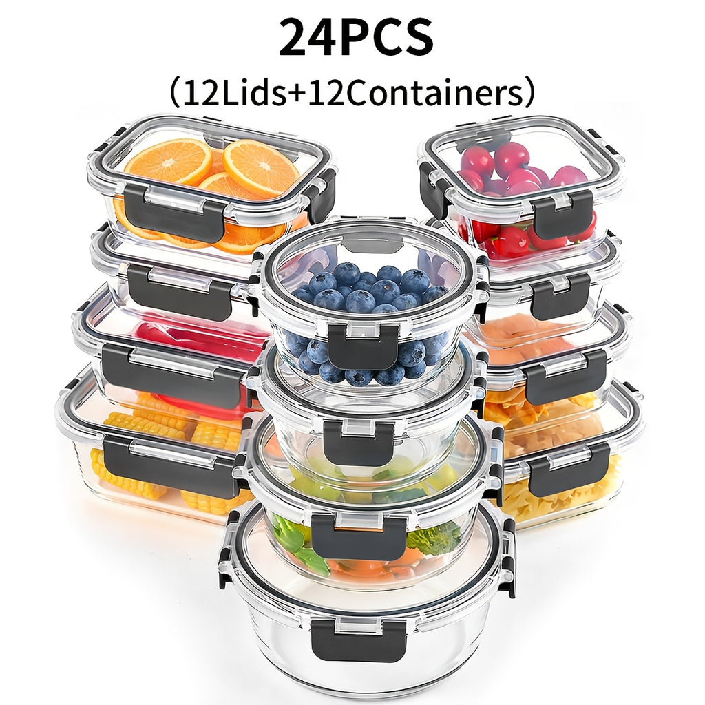 24pcs Glass Food Storage Containers with Lids, Meal Prep, Pantry Kitchen Storage Containers for Lunch, Leak Proof, Airtight Glass Lunch Bento Boxes for Microwave, Oven, Freezer And Dishwashe(12Lids+12Containers)