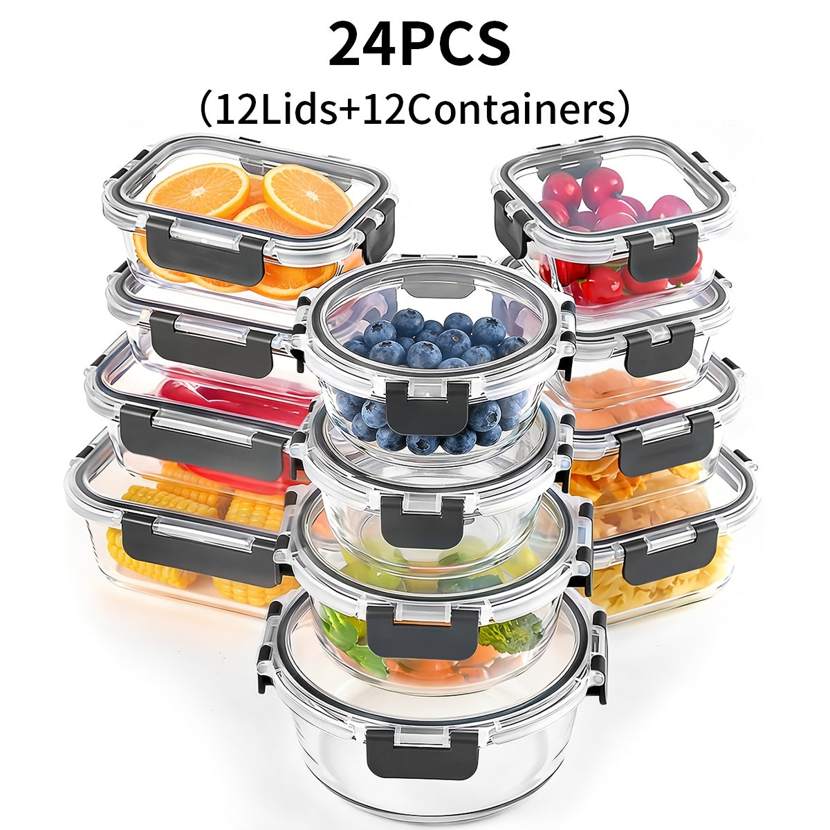 24pcs Glass Food Storage Containers with Lids, Meal Prep, Pantry Kitchen Storage Containers for Lunch, Leak Proof, Airtight Glass Lunch Bento Boxes for Microwave, Oven, Freezer And Dishwashe(12Lids+12Containers)