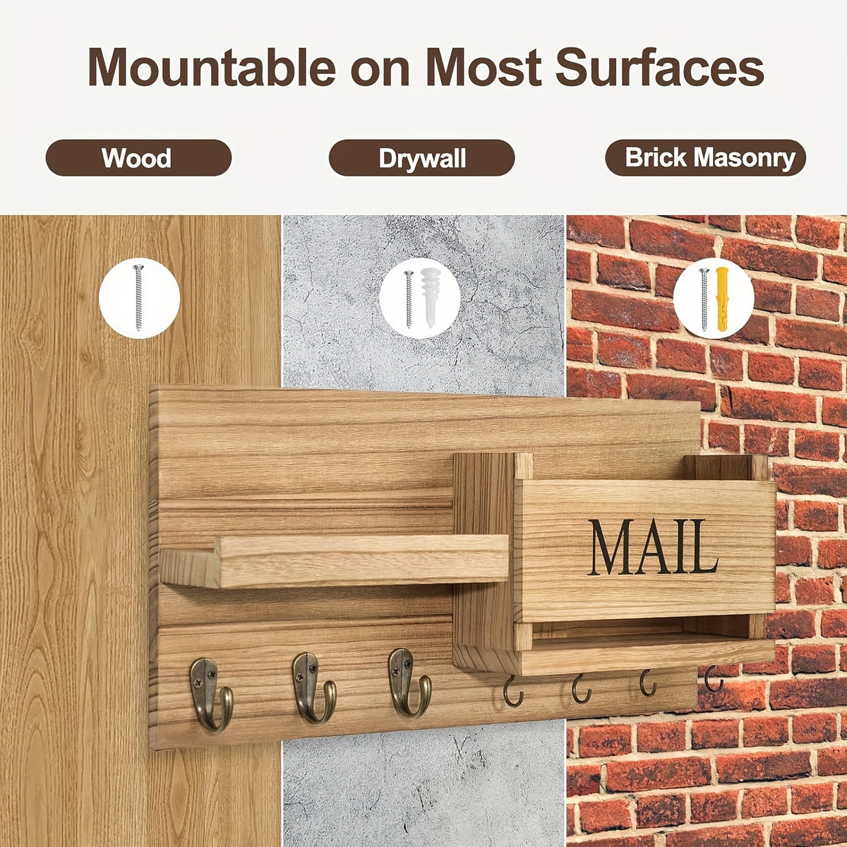Rustic Wood Wall Mounted Storage Rack with Mailbox Slot - Door Handles And Decorative Hanging for Porch, Bedroom, Bathroom, Living Room with Multiple Hooks for Keys, Hats, Envelopes, Books, Floating Shelf