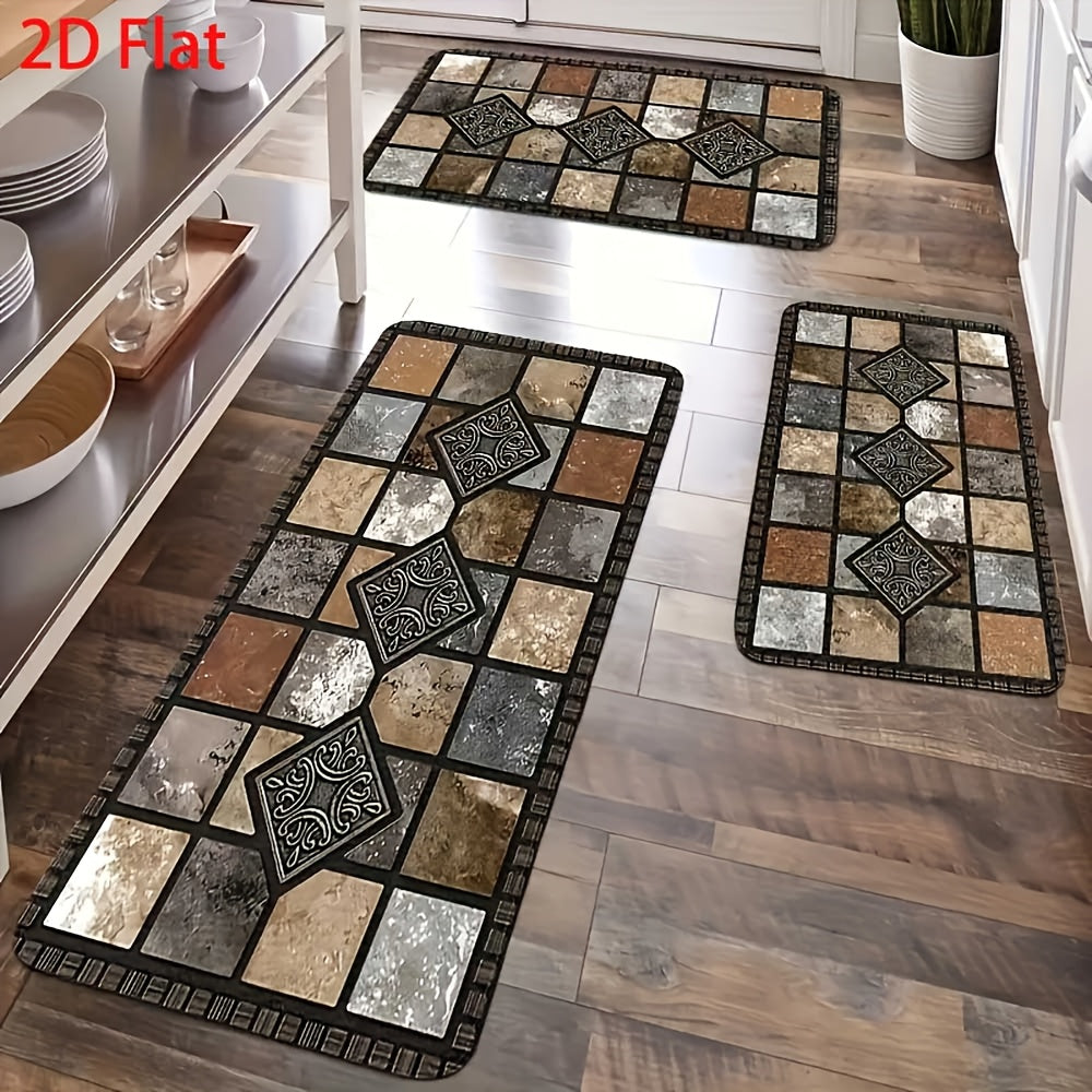 2D Flat 2pcs Brown Kitchen Absorbent Diatomaceous Earth Floor Mats, Vintage Plaid Style Long Rugs, Oil And Non-slip Backing, Fast Drying, Machine Washable, Soft And Comfortable, Suitable For Kitchen, Laundry Room, Bathroom, Hallway, Home Decor Rugs