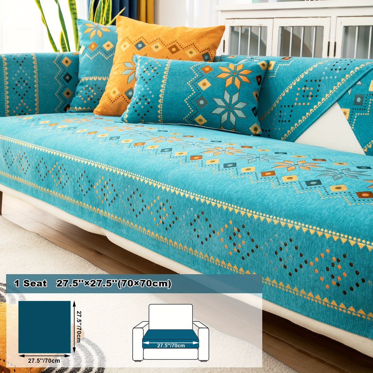 1pc Bohemian Chenille Sofa Cover Suitable for Sofa Sizes (Single to Four-Seater) - Thick Plush Non-Slip Couch Cover with Geometric Embroidery, Chenier Fabric Slipcover Fits for Sectional Sofas, Machine Washable Furniture