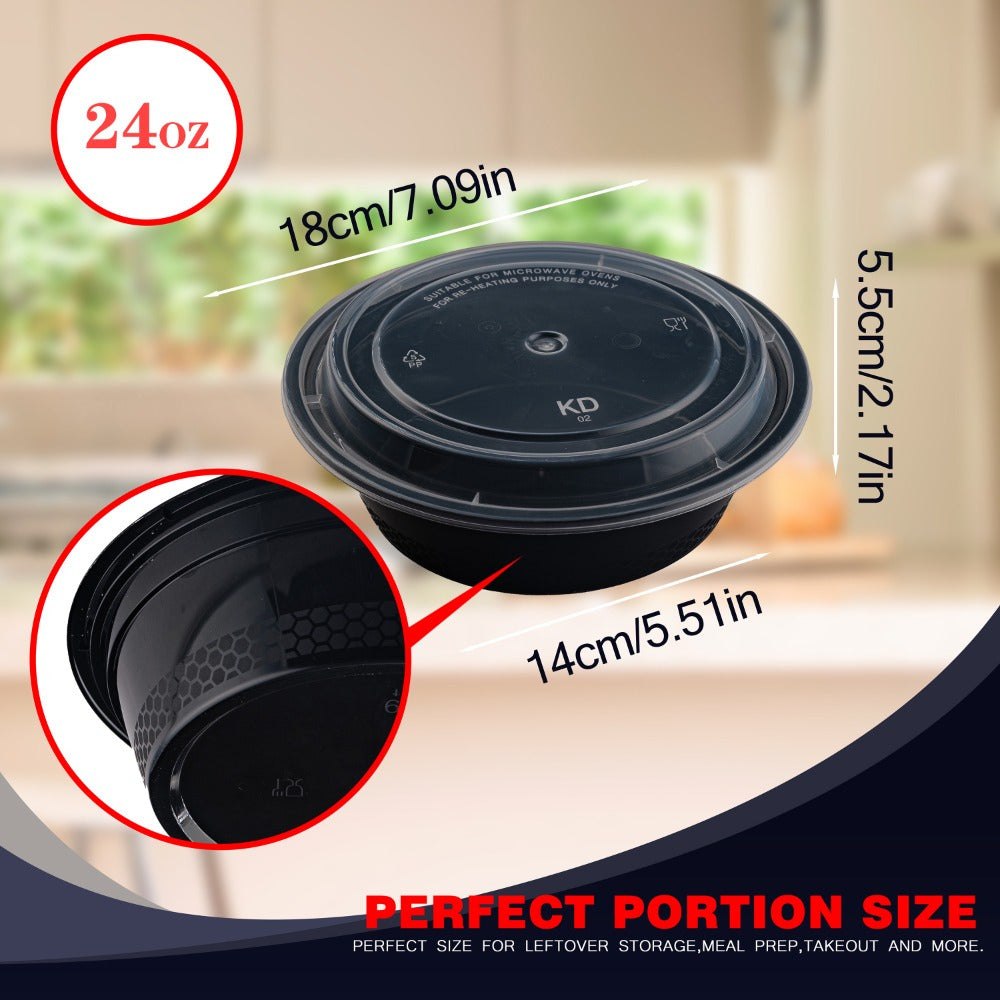 100pcs (50 Containers & 50 Lids) Black Round Meal Prep Containers 24oz Stackable and Leakproof Food Storage Container Set Disposale Bento Box Ideal for Takeout and Meal Prep Microwave & Dishwasher & Freezer Safe