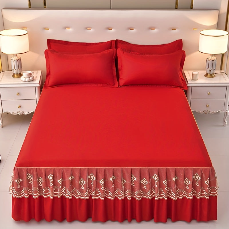3pcs Macrame Bed Skirt Set (Bed Skirt *1+ Pillowcase*2, Without Core), Solid Color Double Layer Lace Bed Skirt All Seasons Universal Non-Slip Bedding