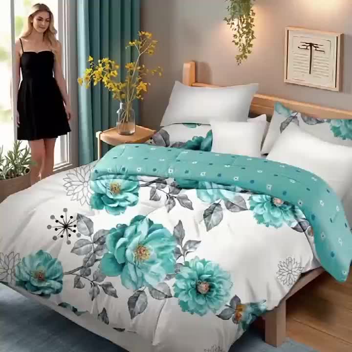 2/3pcs Teal Floral Bedding Comforter Set | Gradient Tones Oil Painting Style, Elegant Botanical Floral, Twin/Queen/King, Upgraded Luxury Quilt Set for All-Season, Bed in A Bag, Home Decor, Soft, Lightweight, Breathable, Microfiber, Ideal Family Gift