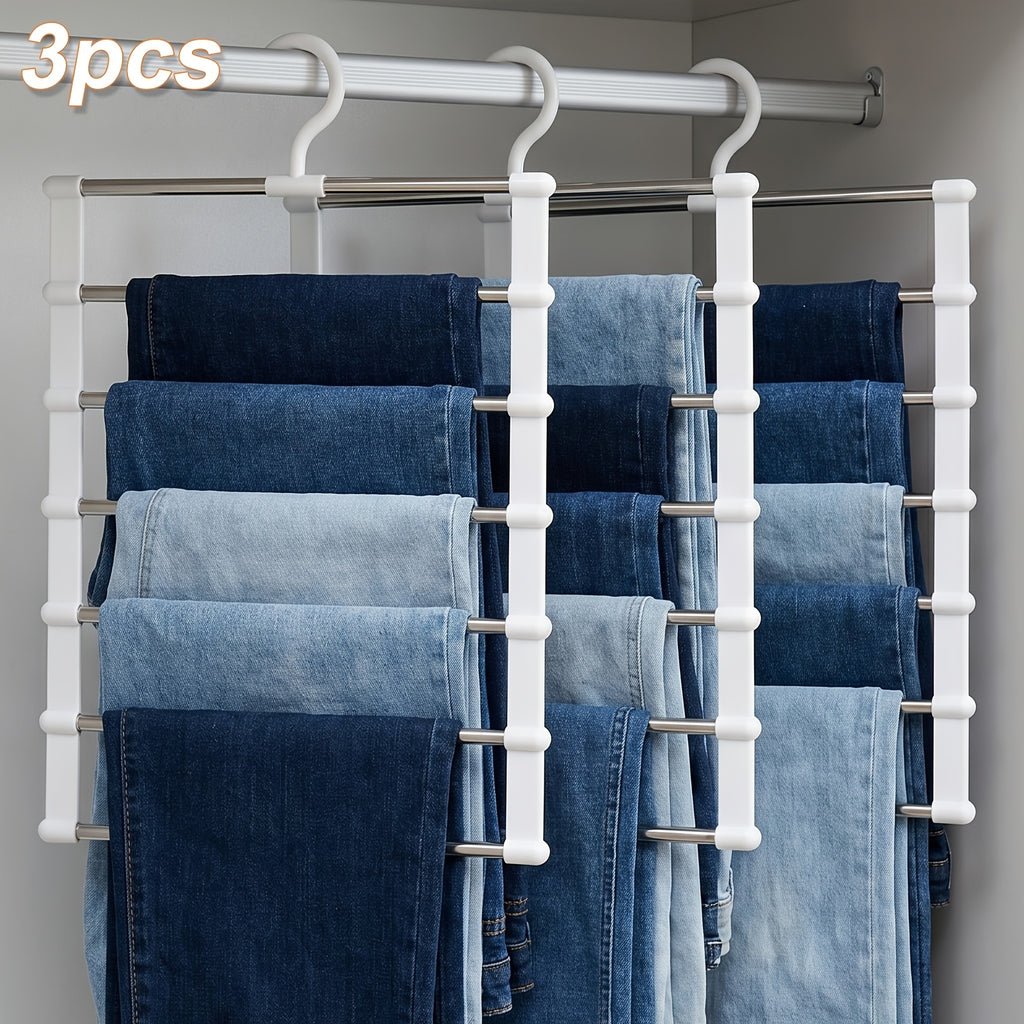 3/7pcs Multi Layer Stainless Steel Pants Hanger Space Saving Wardrobe Organizer Non Slip Stackable Hanger for Pants Jeans Scarves Trousers Closet Storage Organization