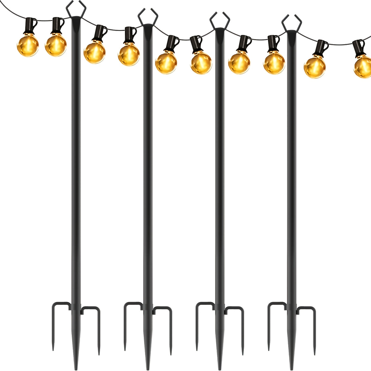 4 Pack 11.1FT String Light Poles With Metal Ground Stake, Heavy Duty Rustproof Metal Light Stand For Outdoor Garden Backyard Deck, Fall Autumn Harvest & Halloween Party Decor, Perfect For Wedding, Patio, Outside Holiday String Lights Support Poles