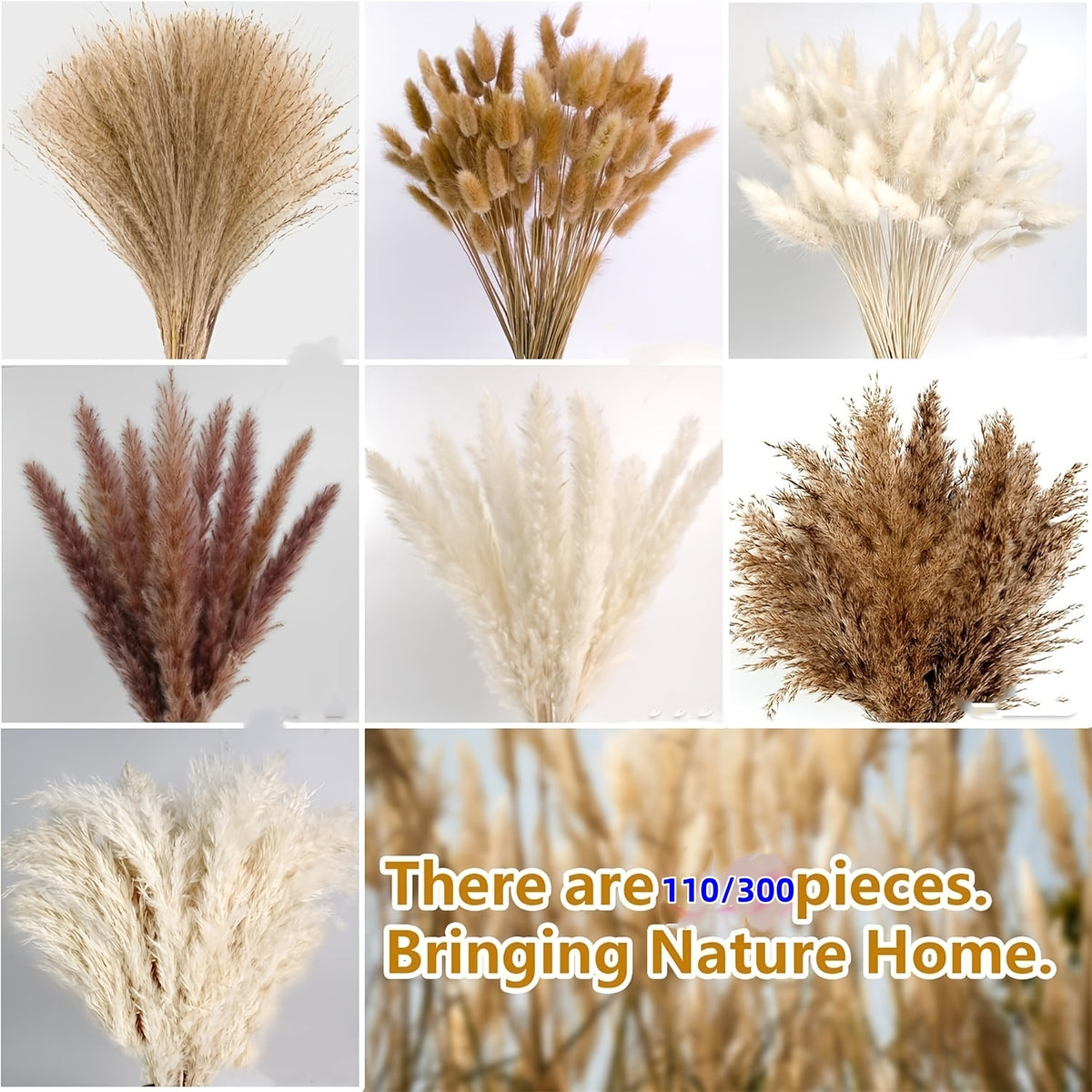 110/300pcs Dried Pampas Grass Decor, Dried Flower Bouquets for Wedding, Home, Centerpiece Table, Modern Home, Western Living Room, Nursery, Boho Room, Beach, Women'S Office, And Boho Decor