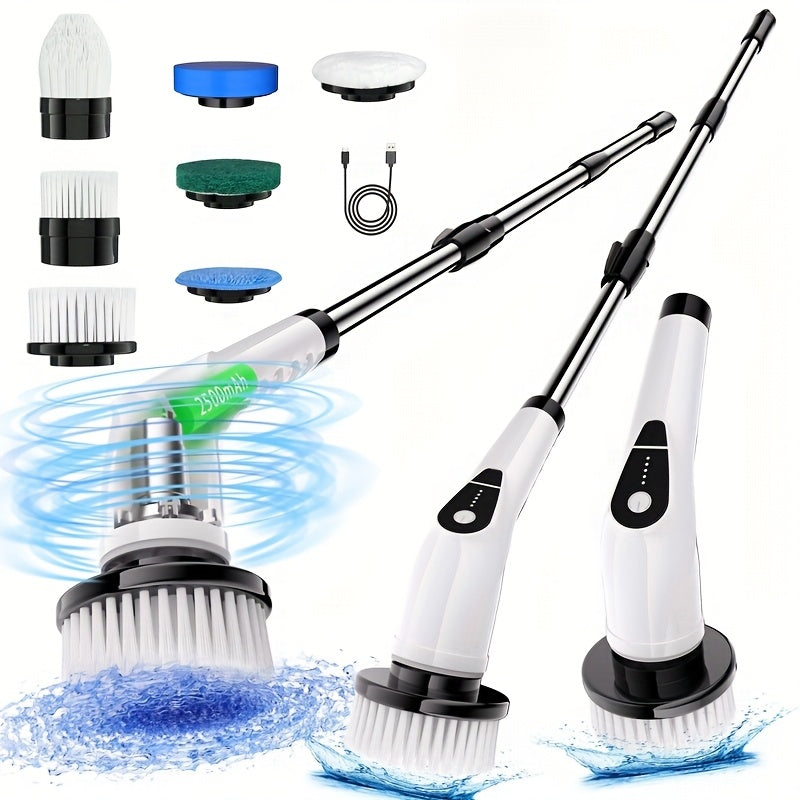 Multifunctional Electric Spin Scrubber Cordless Cleaning Brush, 7-in-1 Cleaning Brush, Adjustable Speeds 7 Replaceable Heads, Dual-speed And Detachable Telescopic Handle, Suitable for Car, Kitchen, Living Room And Bathroom
