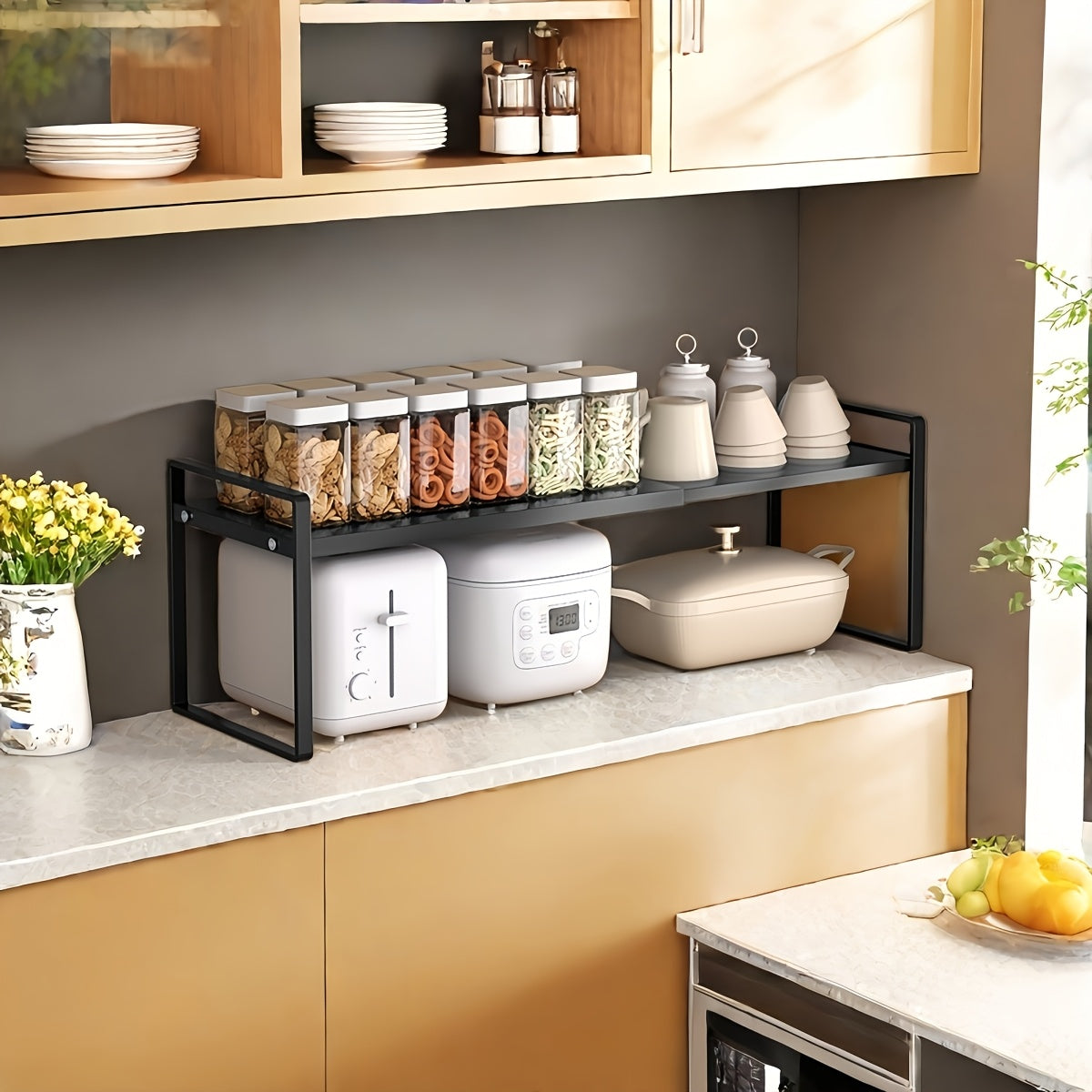 Expandable Cabinet Shelf Riser, Adjustable Metal Kitchen Storage Rack from 13.78 to 25.59 Inches in Black or White for Countertops and Cupboards