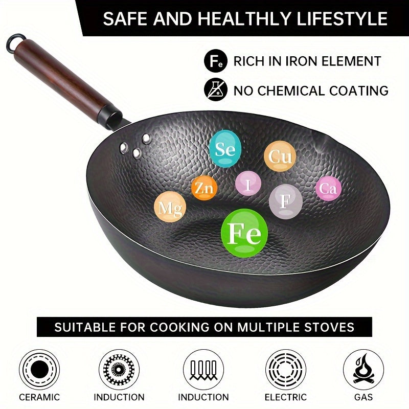 12.6" Iron Wok-11pcs Woks & Stir Fry Pans Wok Pan with Lid, No Chemical Coated Chinese Wok with 10 Cookware Accessories, Flat Bottom Wok for Electric, Induction, Gas Stoves