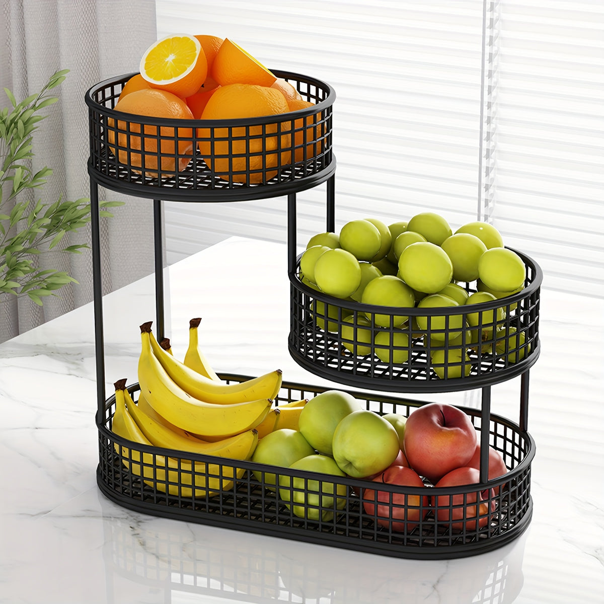 Large Capacity 3-Tier Black Metal Fruit Basket, Efficient Kitchen Organization, Perfect for Fruits, Vegetables, Bread, Snacks