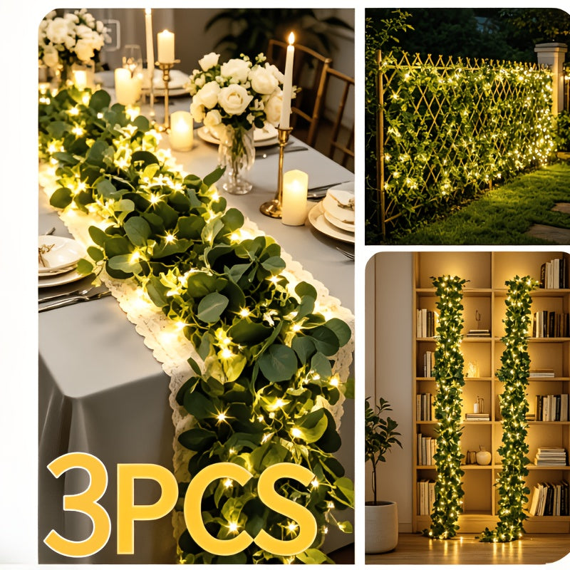 3 Packs of 6-Foot Lighted Eucalyptus Garlands| Green Floral Garland Decoration, Artificial Simulated Eucalyptus Leaves And Green Vines, Used for Table Cover, Wedding Centerpiece Decoration, Background, Warm Color, Plastic, Battery-Powered