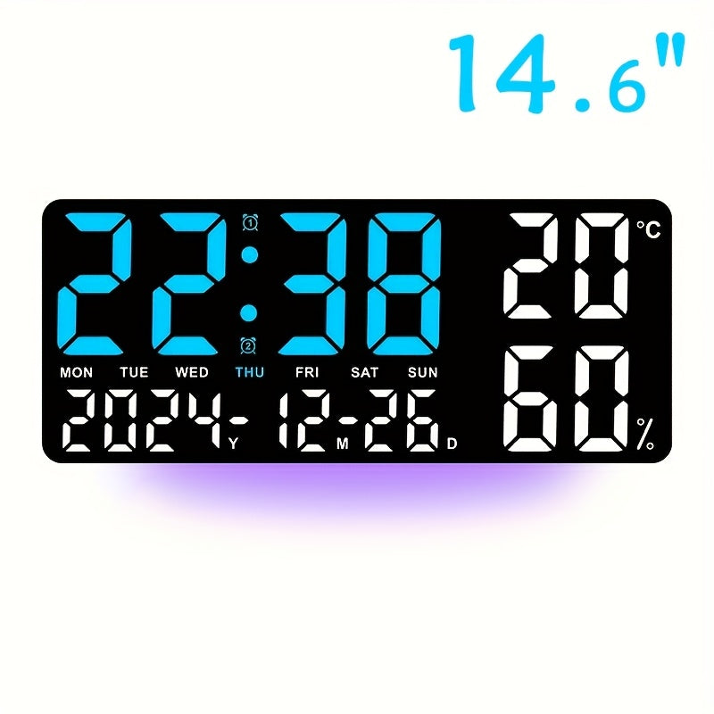 14.6"/9.5" LED Digital Alarm Clock - Large Display Desk & Wall Clock with Date, Week, Temp, Auto Brightness Dimmer, Remote Controll, Modern Clock for Home & Office Decor, Great Father's Day Gift for Dad, Seniors & Elderly