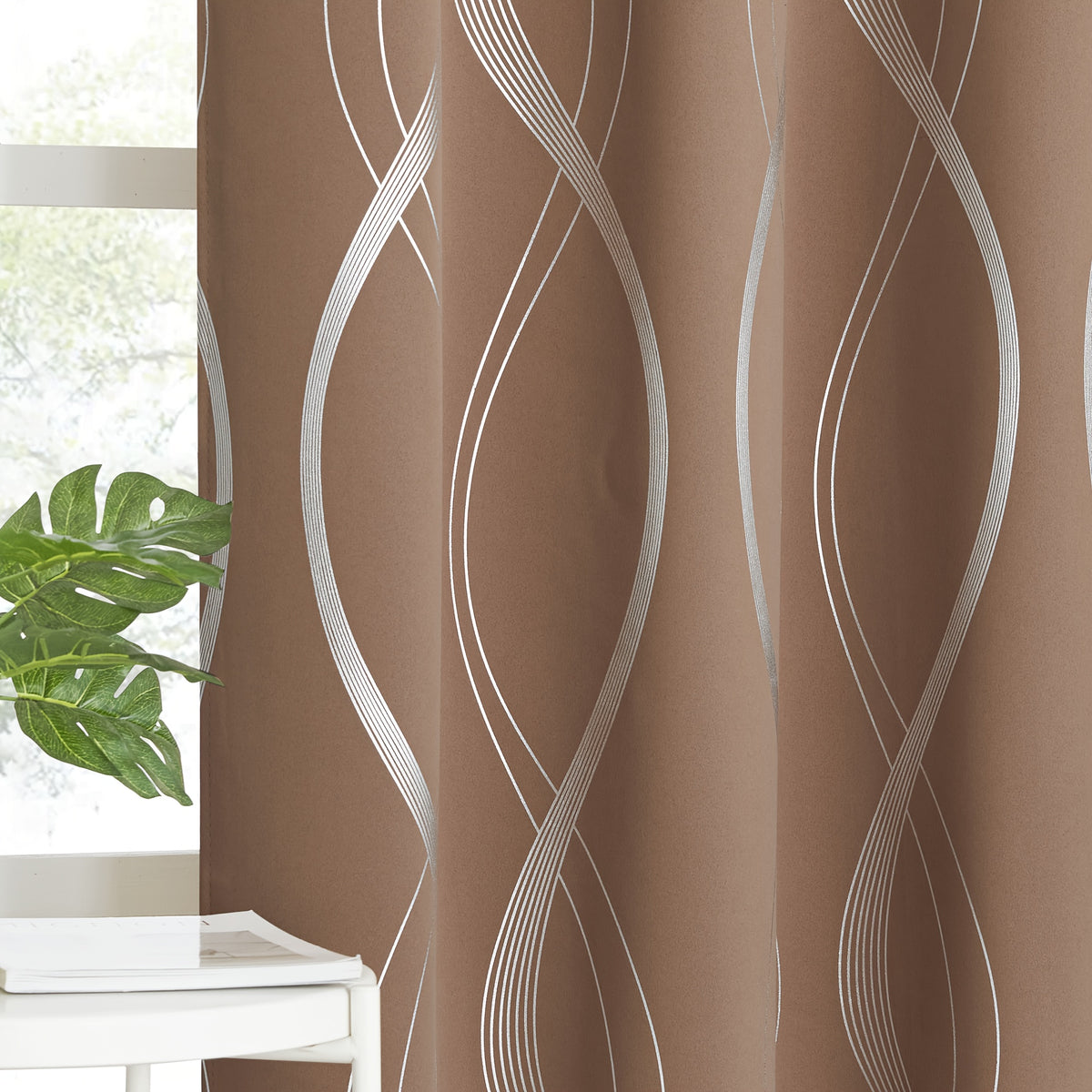 Blackout Curtains 2 Panels Set for Bedroom/Living Room, Noise Reducing Thermal Insulated Wave Line Foil Print Drapes for Patio Sliding Glass Door