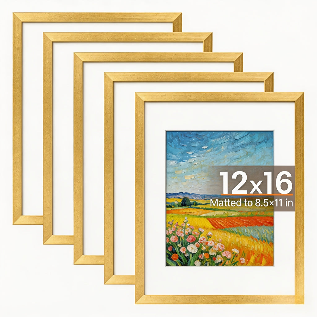 12x16 Picture Frame Set of 5, Display Pictures 8.5x11 with Mat or 12x16 Without Mat, Wall Gallery Photo Frames, 8×12/12×16 Inch, Golden