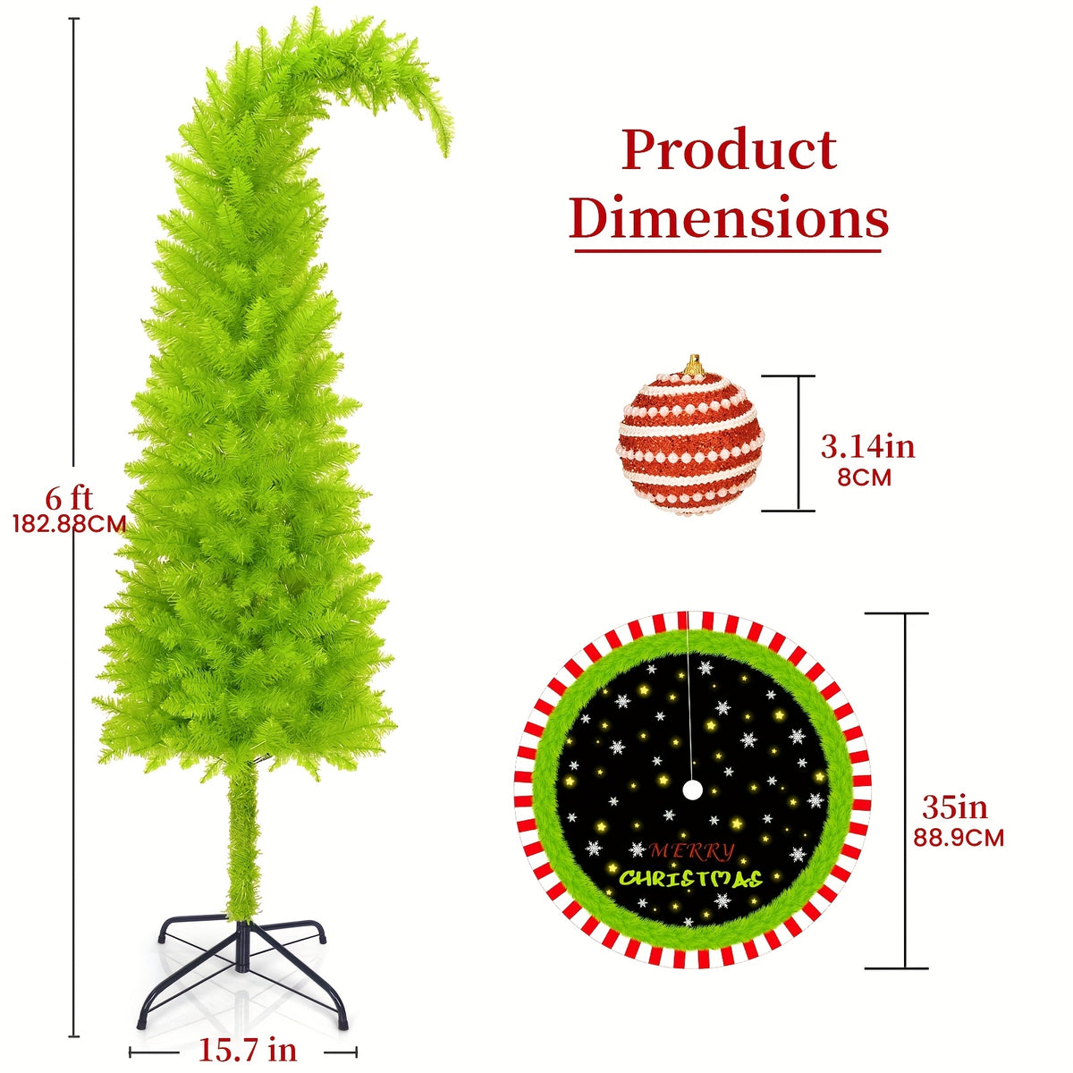 6-Foot Christmas Tree, Shop Window Decoration, Bendable, with Tree Skirt, String Lights, Christmas Ball, Artificial Christmas Tree Stand, Unique Christmas Tree Decorations, Party Christmas Decorations