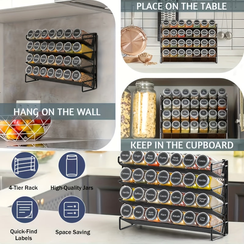 Spice Organizer With 28 Jars, 386 Labels, Chalk Marker And Funnel, For Cabinet, Countertop, Pantry, Cupboard Or Wall Mount, 13.4" W × 10.8" H, Black