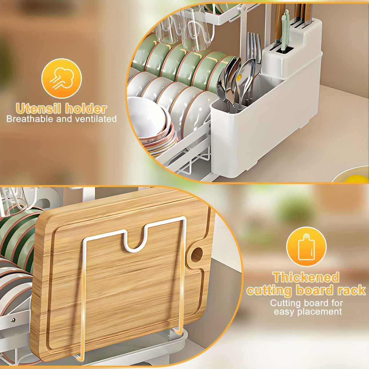 [Large Dish Drying Rack] 1pc Large 2-Tier Carbon Steel Dish Drying Rack with Drainboard, Glass & Utensil Holders, And Extra Drying Mat - Rust-Resistant Metal Dish Drainer for Kitchen Countertop, Black