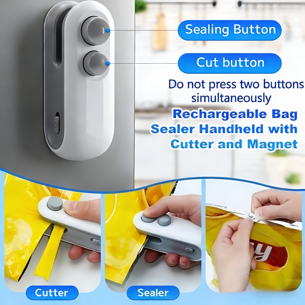 Buy 1 Get 1 Free, Total Of 2pcs Mini Bag Sealer, USB-C Rechargeable Bag Sealer, 2 In 1 Bag Sealer Heat Seal With Cutter And Magnet, Mini Bag Resealer Machine For Plastic Bags Snack Bags, Snacks Bag Sealer, Heat Sealer