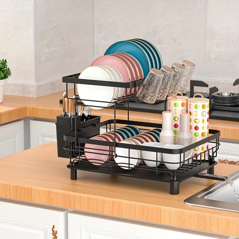 Dish Drying Rack, 2 Tier Dish Racks for Kitchen Counter, Large Stainless Steel Kitchen Dish Drying Rack, Detachable Large Capacity Dish Drainer Organizer with Utensil Holder, Drain Board