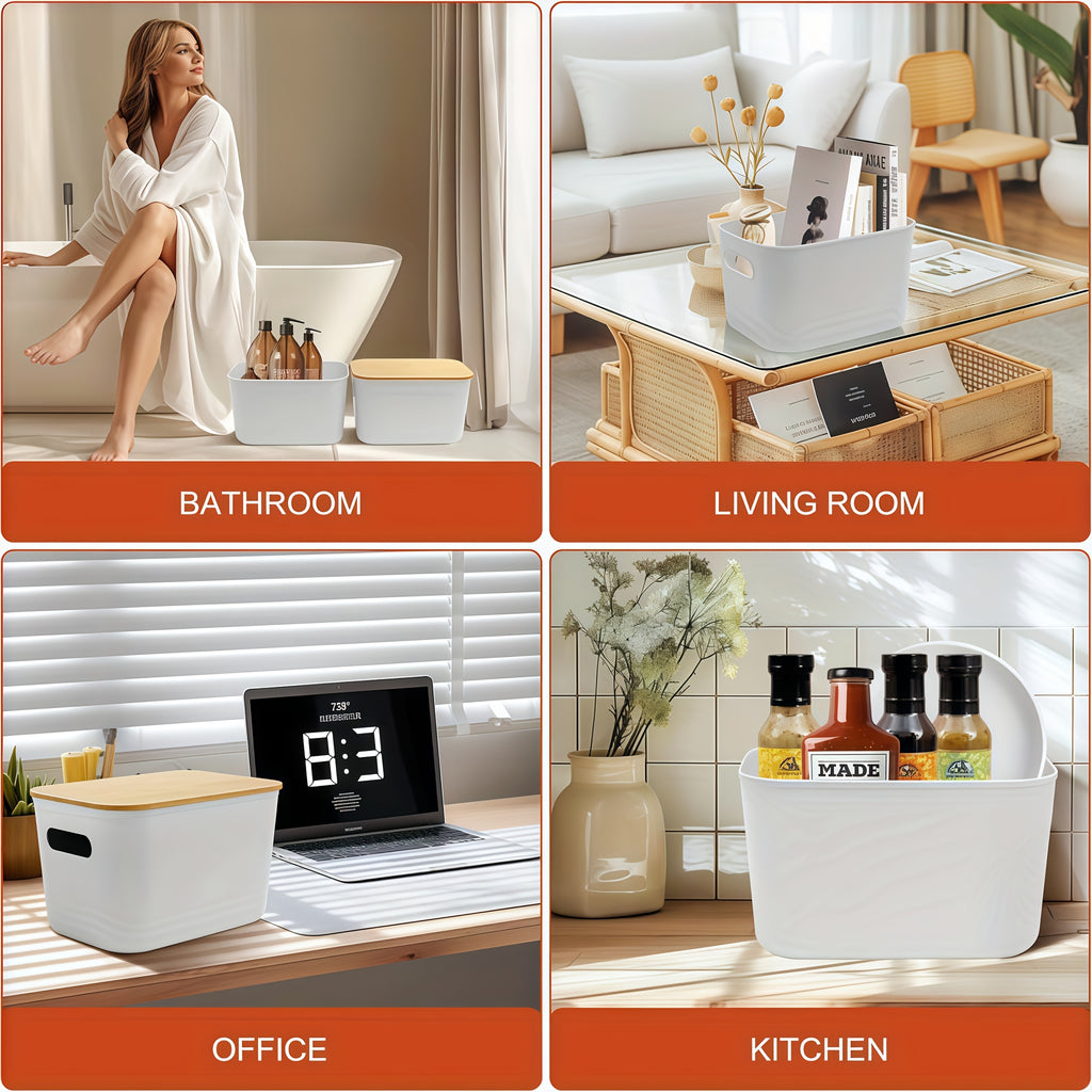 Storage Bins with Wood Lids, White Stackable Plastic Containers with Built-In Handles, 10.12 x 7.09 x 6.69 Inches in 1 2 4 or 8 Pack for Home Office Shelves