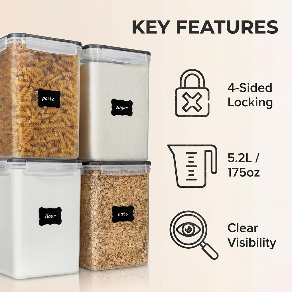 4pcs Large Food Storage Containers, BPA Free Plastic Airtight Canisters for Flour, Sugar, Baking Supplies, Rice with Lids, Black