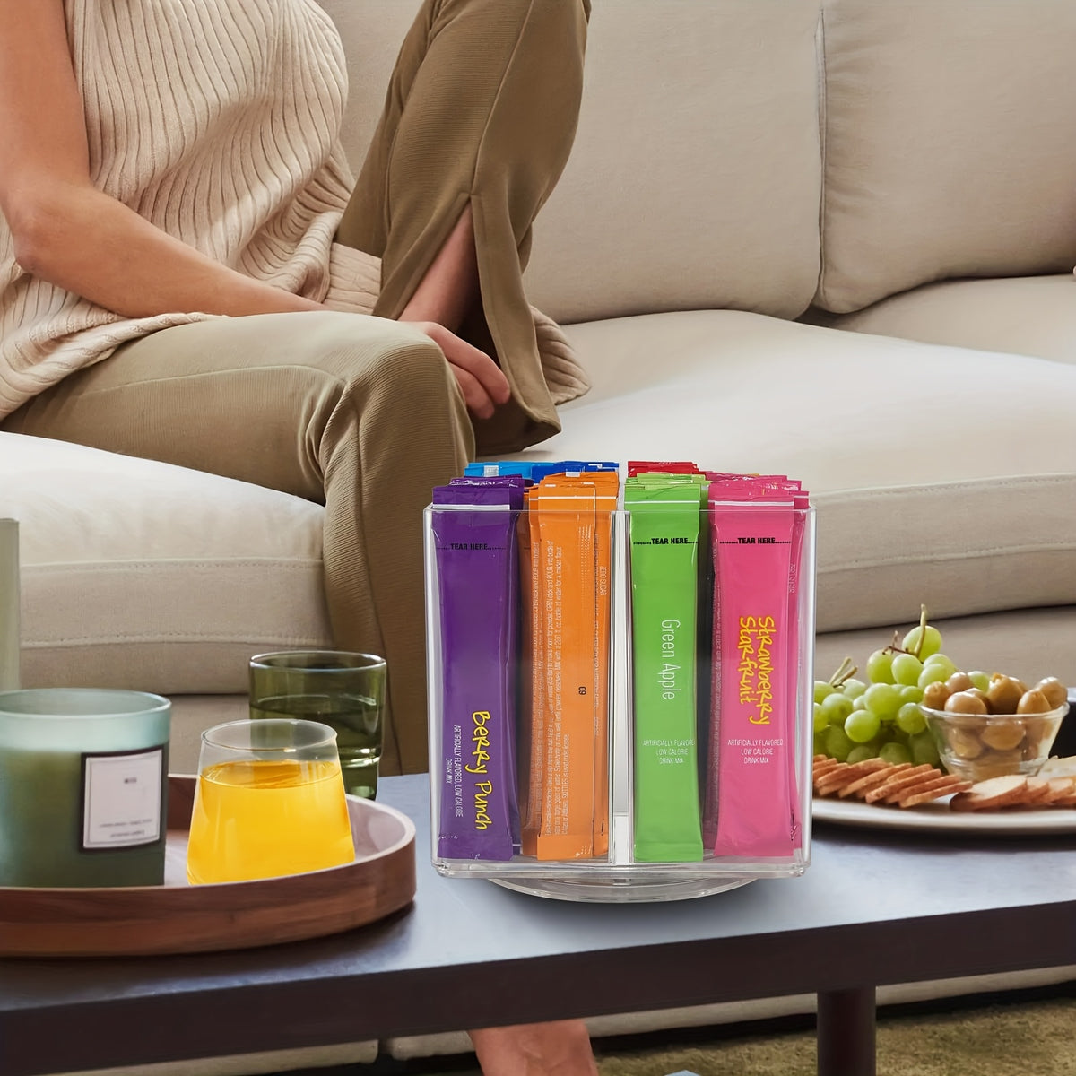 Square Rotating Storage Rack for Powdered Beverage Mixes/ Water Flavored Pouches/ Beverage Mixing Accessories Organizer