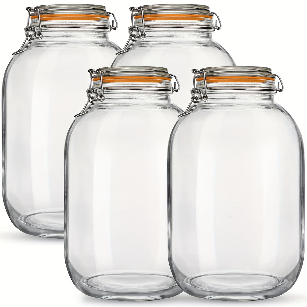 4-Pack 1 Gallon Glass Mason Jars with Airtight Wide Mouth Lids & Hinged Flip-Top Lid Suitable for Fermenting, Canning, Pickling, Preserving - Replacement Silicone Gaskets Included, Freezer Storage for Pantry, Root Cellar