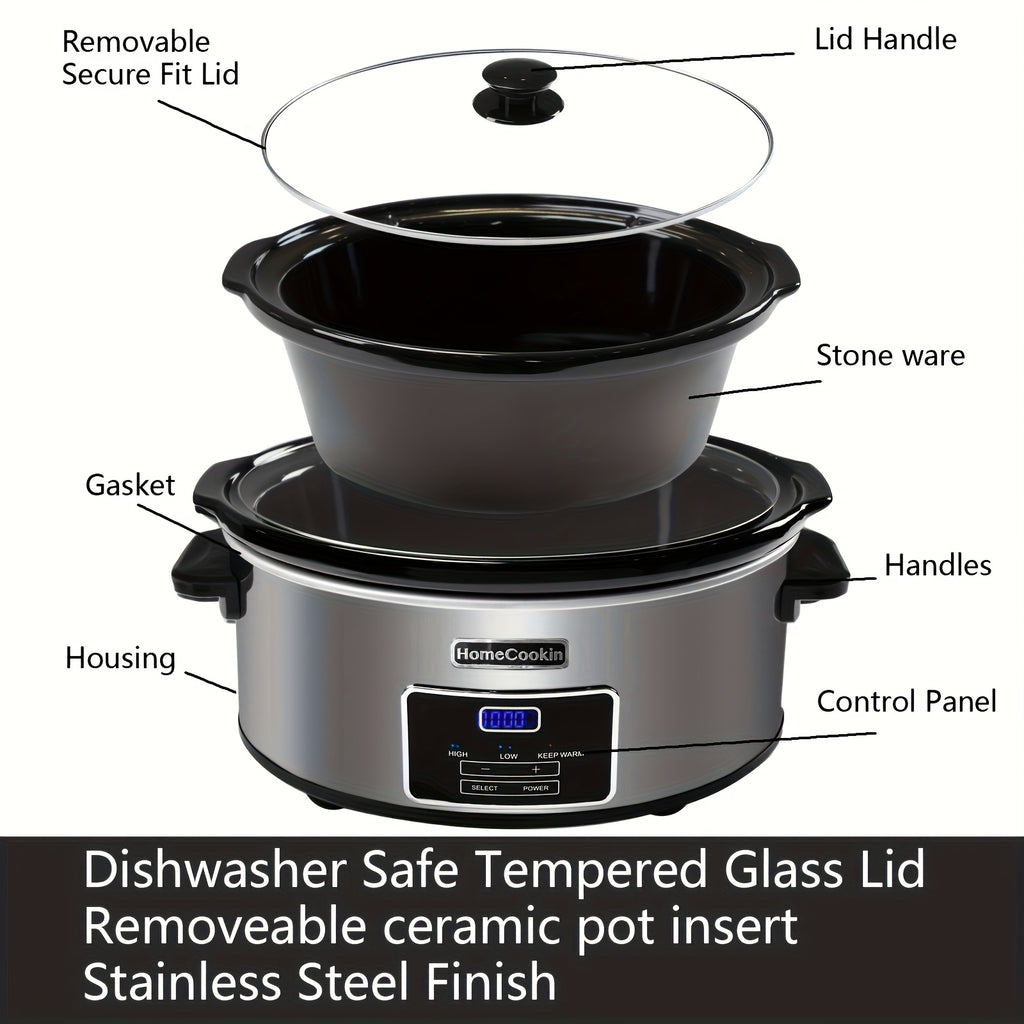 Homecookin Digital Slow Cooker with Non-Stick Ceramic Bowl - Programmable Countdown Timer & Keep Warm Function, Perfect for Family Meals, Soups, Stews, Holiday Cooking, House Party