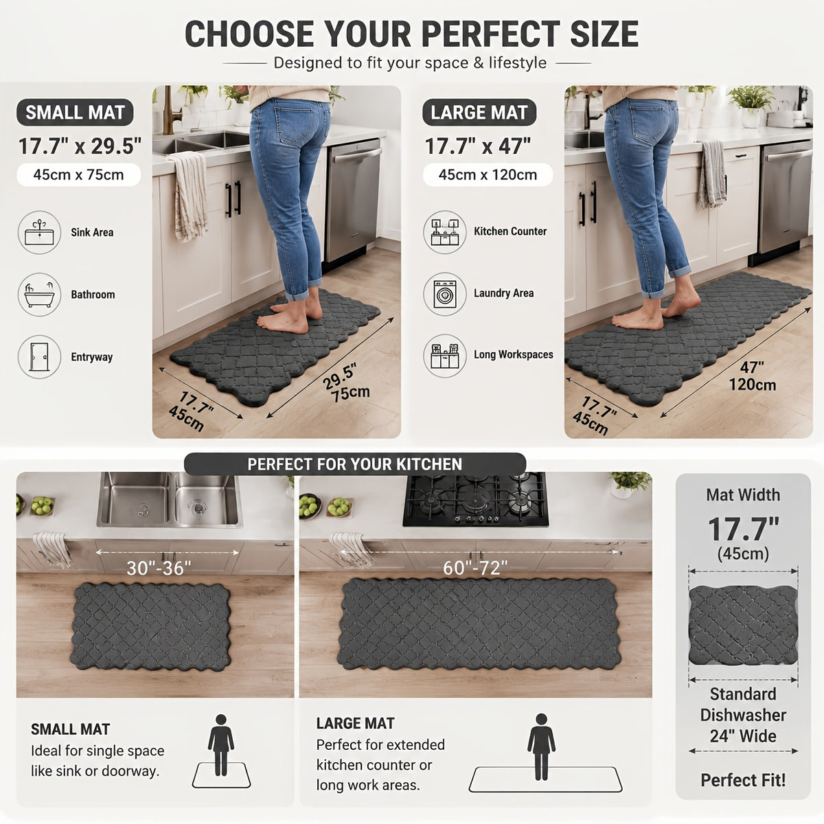 Anti Fatigue Kitchen Floor Mat, Cushioned Non-Slip Washable Foam Standing Rug in Two Sizes for Sink, Laundry Room and Home Office Comfort