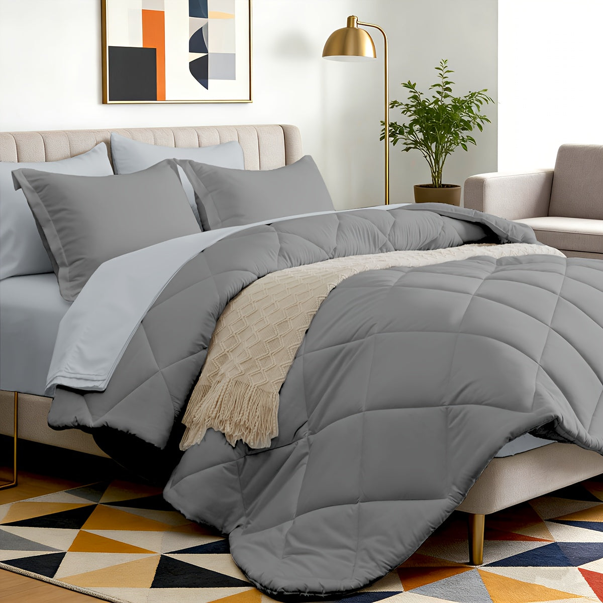 5/7pcs Luxurious Double-sided Checked Pattern Comforter Set-Breathable-Ultra Soft Fluffy Fiber Filling, Warmth for All Seasons-Bed In A Bag with Comforter, Flat Sheet, Fitted Sheet, Pillowcases, And Pillowshams, Family Gift Set, Random Color