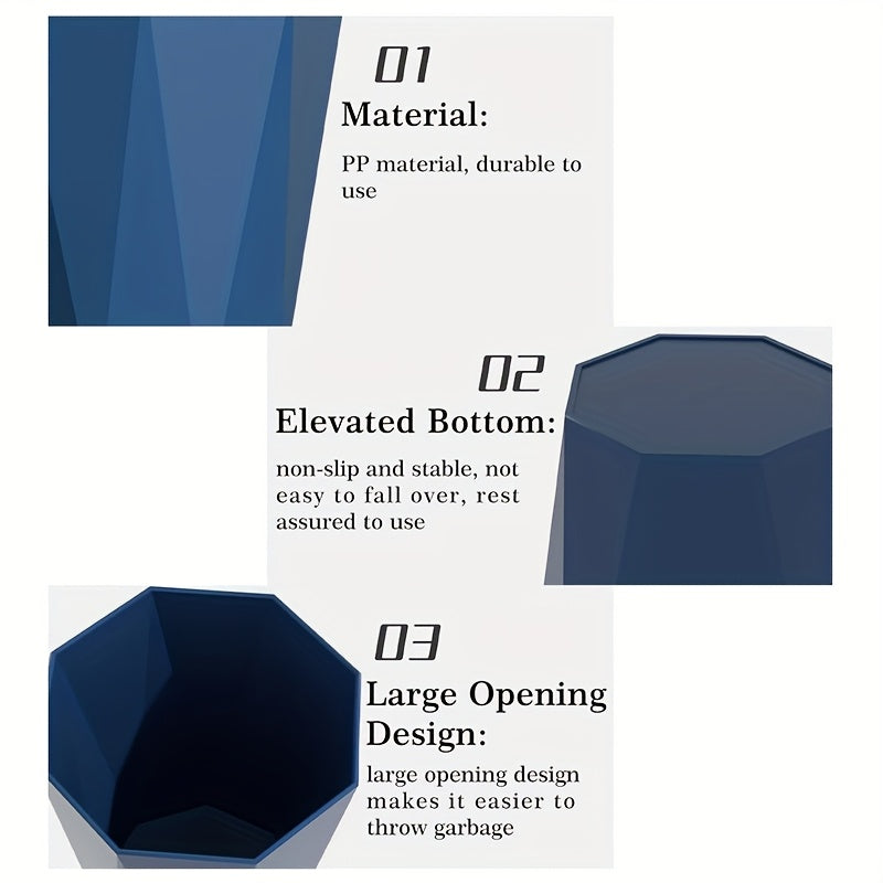 Set of Two Octagonal Trash Bins in Nordic Design, Featuring Geometric Plastic Construction with a Brushed End. These Small Open-Top Wastebaskets Are Ideal for Use in for home Offices, Bathrooms, Kitchens, And Bedrooms