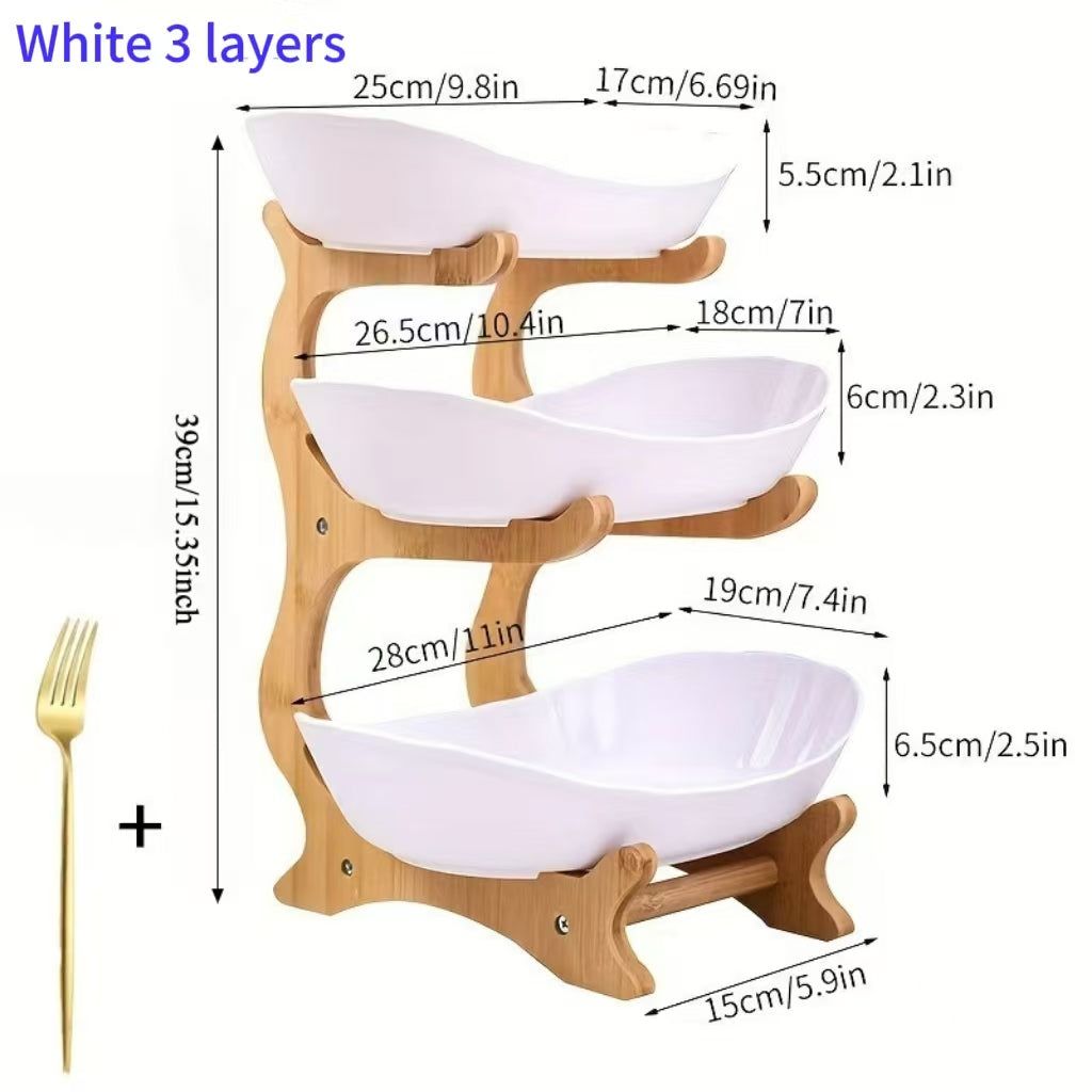A Creative Two-Layer/Three-Layer Kitchen Fruit Basket, Large-Capacity Layered Fruit Basket, European-Style Dried Fruit Plate, Bamboo And Wood Frame, Household Snack Plate, Candy Tray, Fruit Basket, Bamboo And Wood