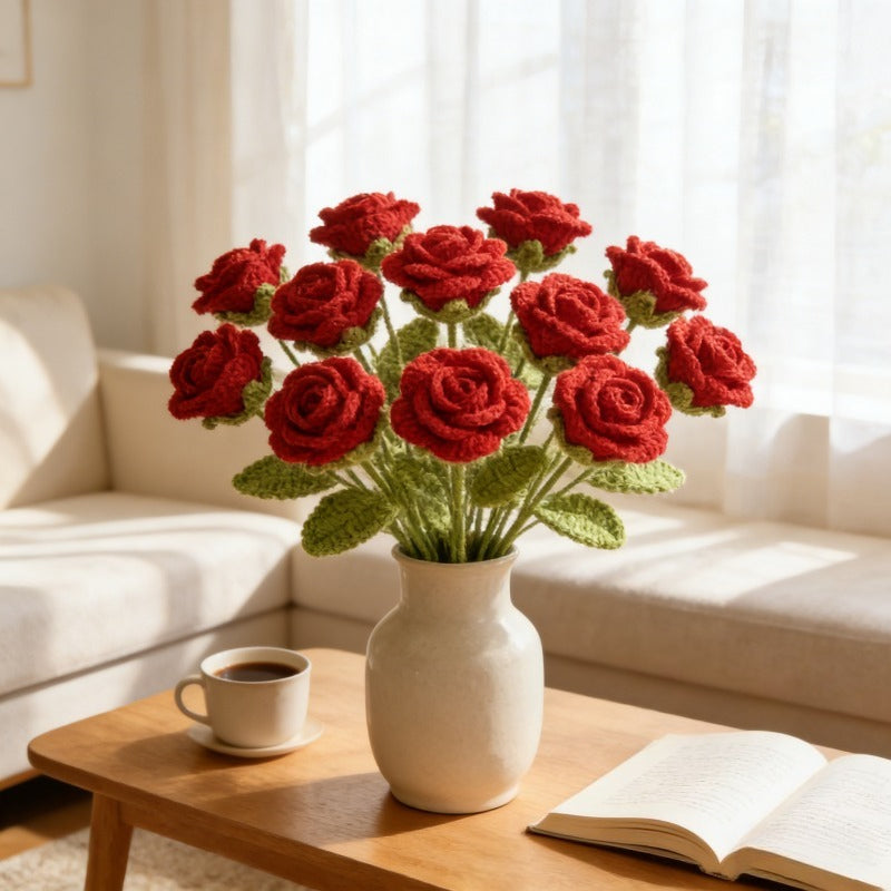 10pcs 10pcs Pack Realistic Crocheted Red Roses Bouquet - Ever-Blooming Artificial Flower Suitable for Valentine's Day, Mother's Day Gifts, Table Centerpiece Decor, Fabric Roses for Home Decoration, Wedding,, Year-Round Tabletop Arrangements