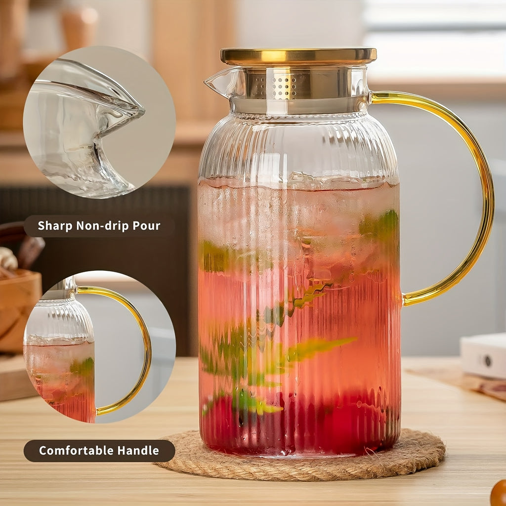FBL&HM 2/4 PACK Glass Pitcher With 304 Stainless Steel Lid, 68 Oz/ 2 Liter Classic Vertical Stripes Water Pitcher, Glass Water Carafe For Cold Brew, Coffee, Lemonade, Iced Sun Tea, Beverage, Milk, Heat Resistant