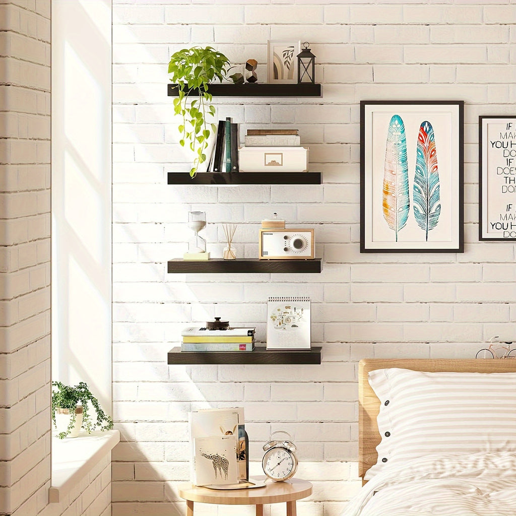 TOMNK 4/8pcs 15.8in Floating Shelves For Wall, Wall Mounted Rustic Wood Shelves For Bathroom, Bedroom, Living Room, Kitchen, Hanging Shelf For Books/Storage/Room Decor, With 22lbs Capacity, Black/Brown/White/Gray