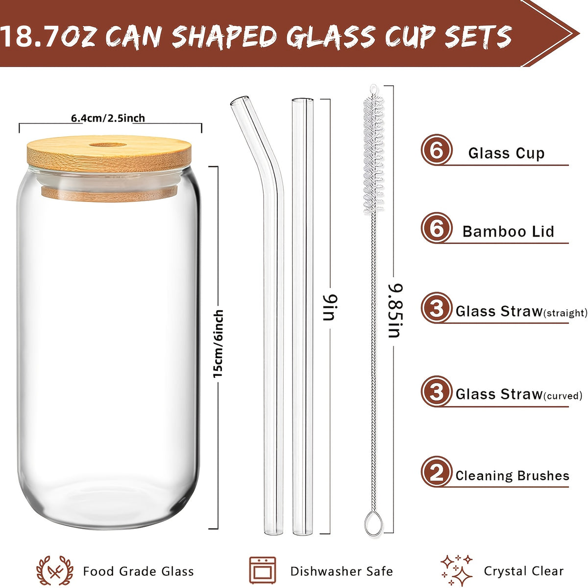 4/6pcs, 18.6oz/550ml, Including Lid, Straw, Straw Brush Glass Cup Set. The Elegant Shape Of The Drinking Cup Is An Ideal Gift, And The Can Shaped Glass Cup Is Suitable for Any Beverage And Occasion