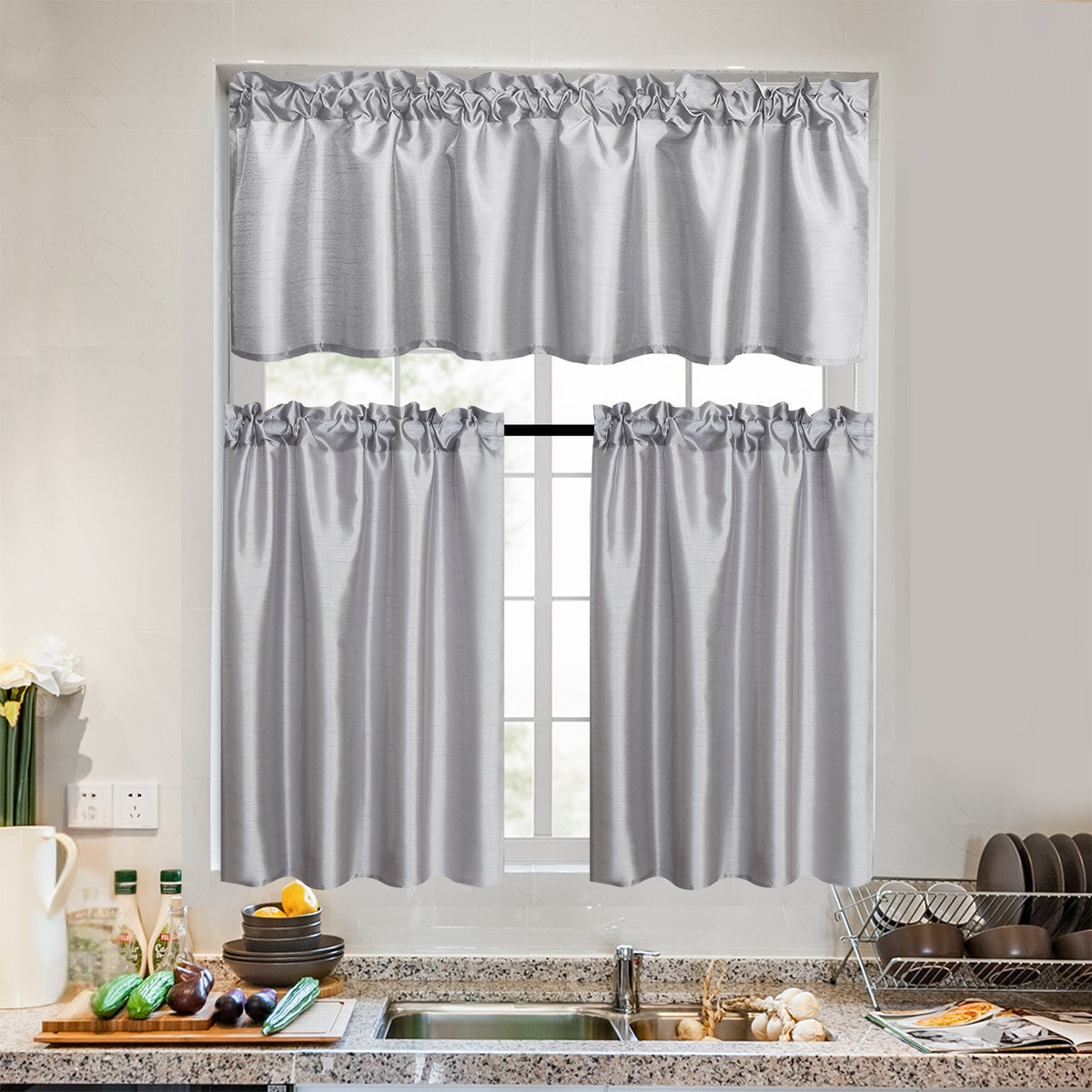 3 Panels Faux Silk Solid Color Sheer Kitchen Curtains Set Rod Pocket Design with 2 Tiers 26x36 inch Each and 1 Valance 52x14 inch for Kitchen Bathroom Privacy Drapes and curtains