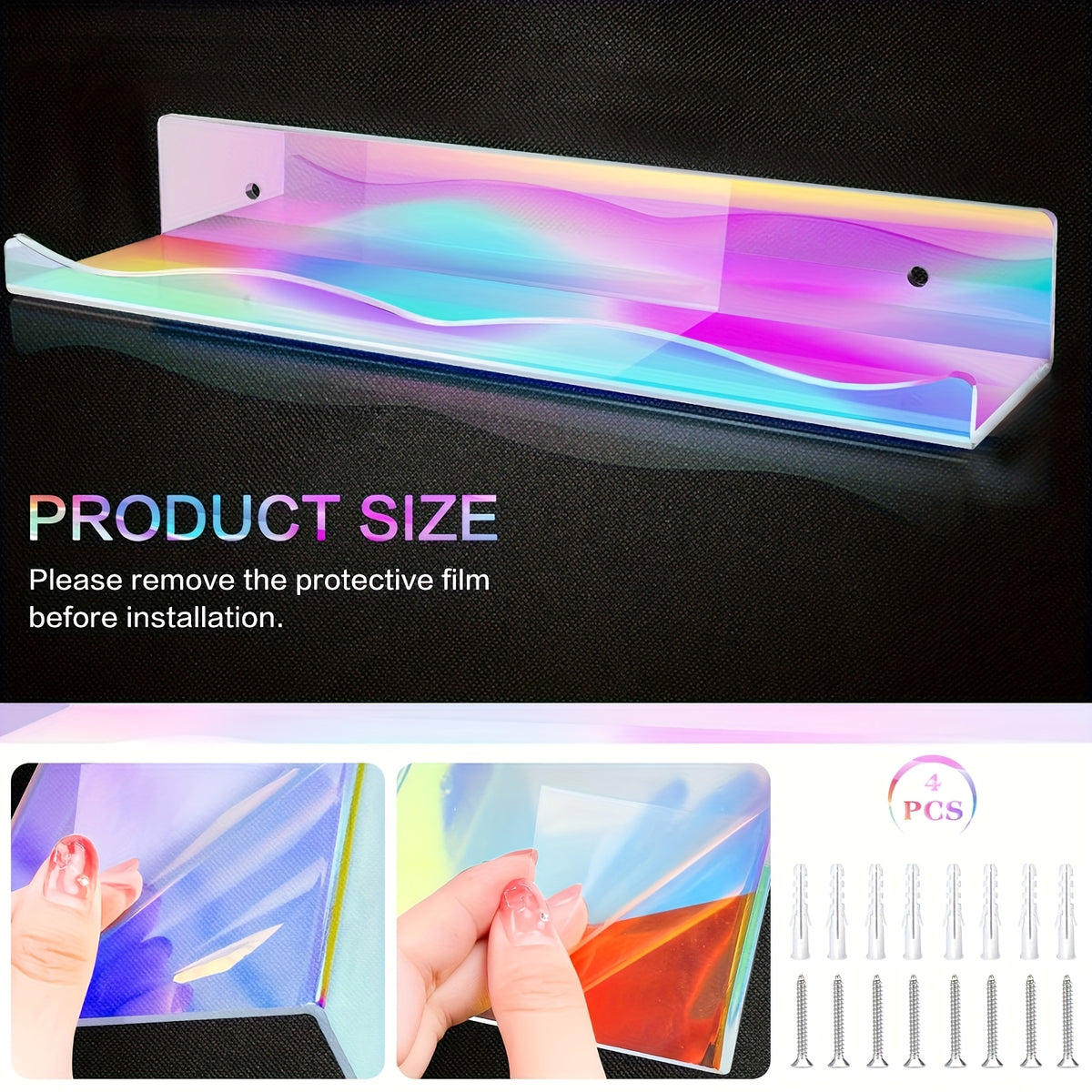 2/4pcs Iridescent Acrylic Floating Shelves - Colorful Wall Mounted Storage Rack for Nail Polish, Cosmetics, Sundries - Perfect for Home, Room, Office, Bathroom, for nail Shop Decor with Art Deco Style. Independence Day/Graduation Gift