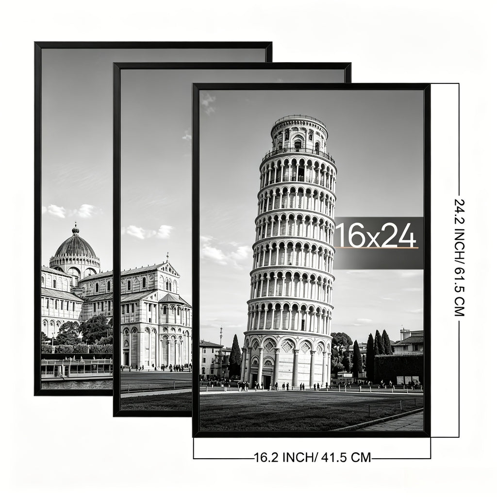 3-Pack 16X24 Picture Frames Black, Scratch-Resistant Poster Frames 16 X 24 for Photo Gallery - Slide-In Strips, Horizontal Or Vertical Wall Mounting
