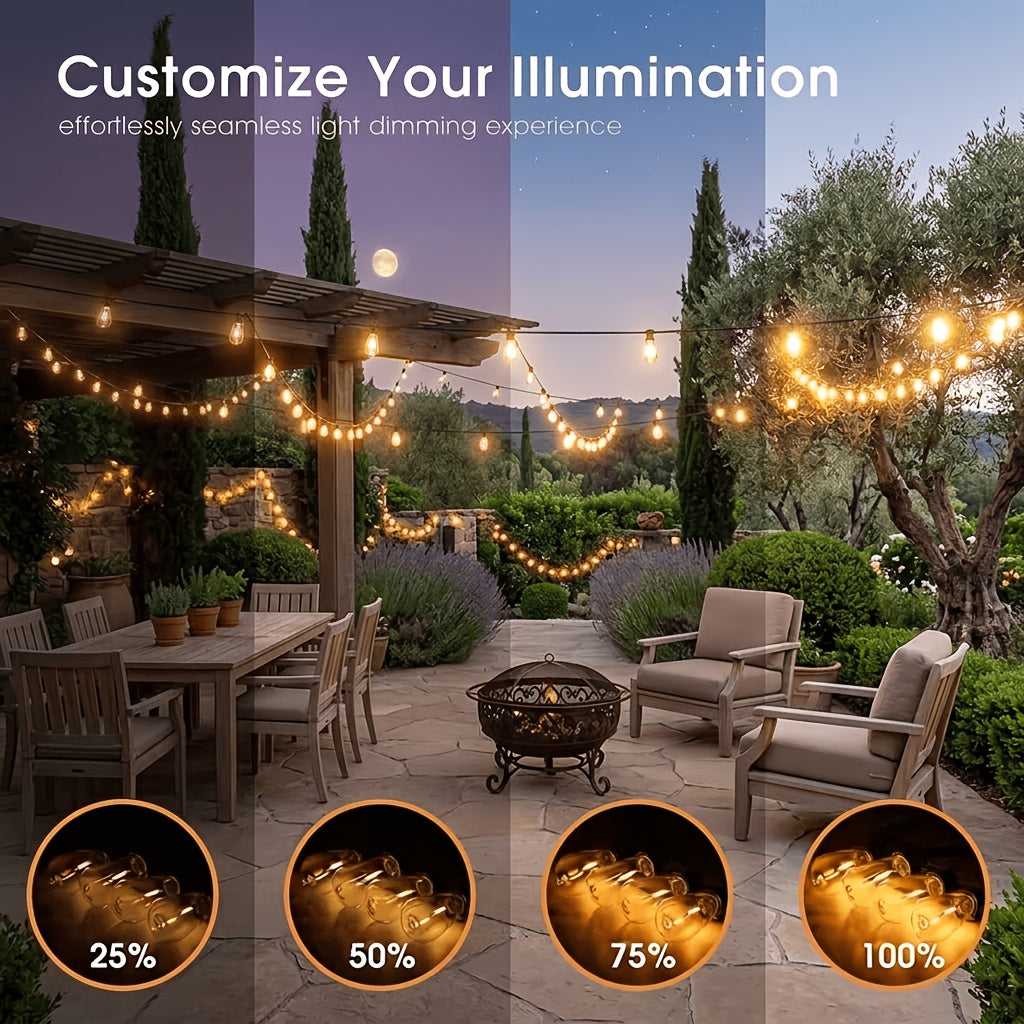 50/ 100 Ft Solar Outdoor String Light, Usb-Rechargeable Patio Rope Light, 2700K Warm White, Weather Resistant Material, 12+1/ 24+1 Breakproof ST38 E12 Bulb for Patio, Backyard, Porch, Outdoor Pool