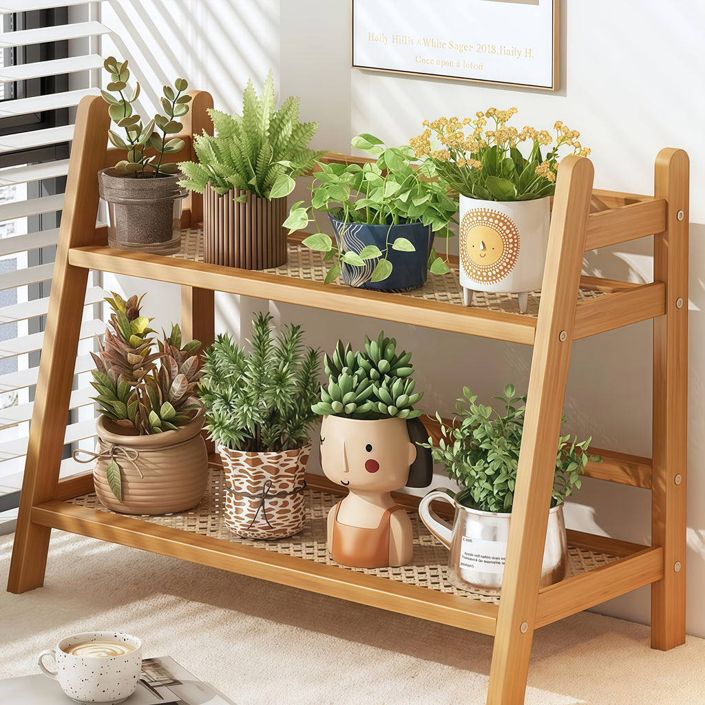 Bamboo Countertop Shelf Organizer, 2-Tier Trapezoid Storage Rack with Plastic Rattan Shelves for Coffee Mugs, Kitchen Essentials, Desks and Dorm Rooms