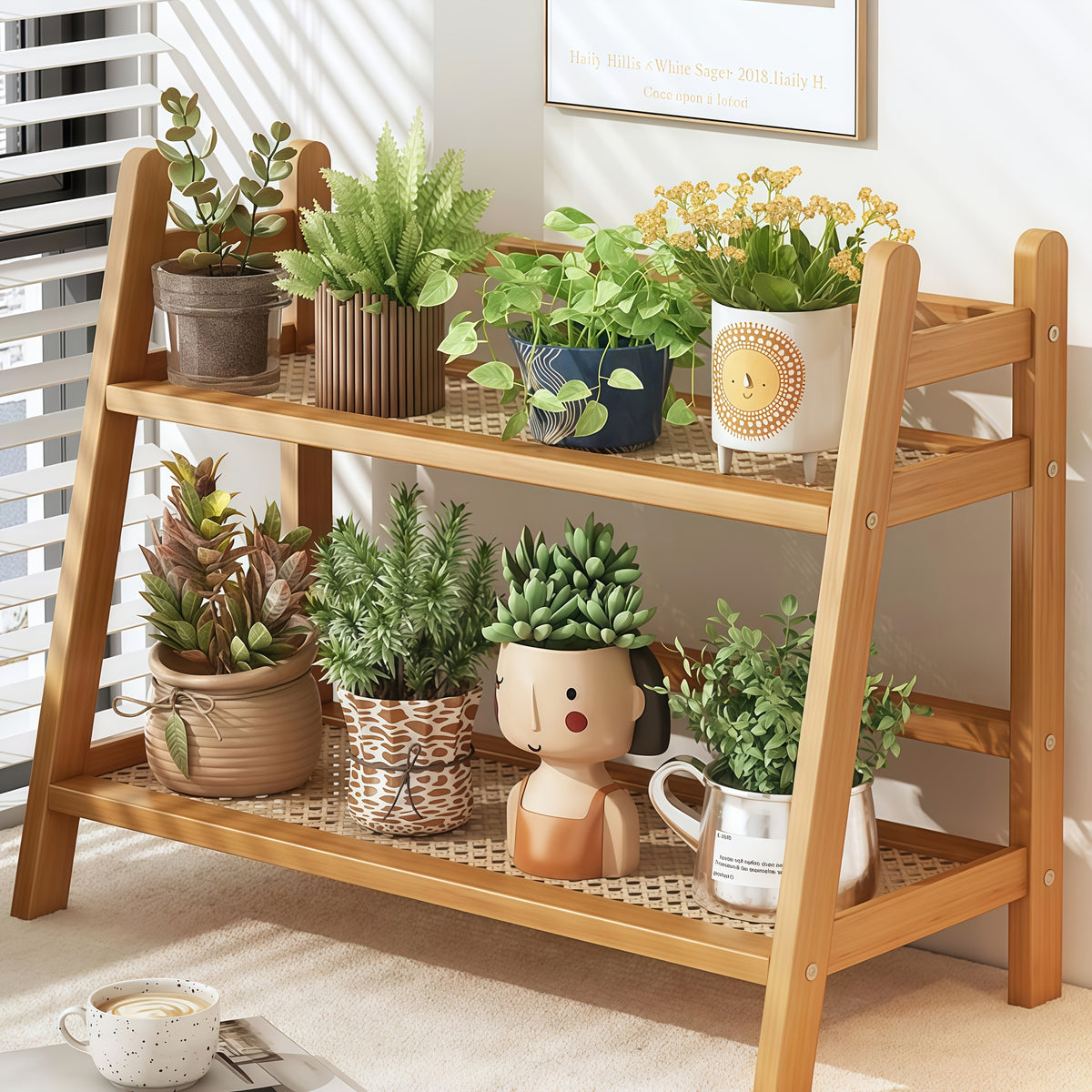 Bamboo Countertop Shelf Organizer, 2-Tier Trapezoid Storage Rack with Plastic Rattan Shelves for Coffee Mugs, Kitchen Essentials, Desks and Dorm Rooms