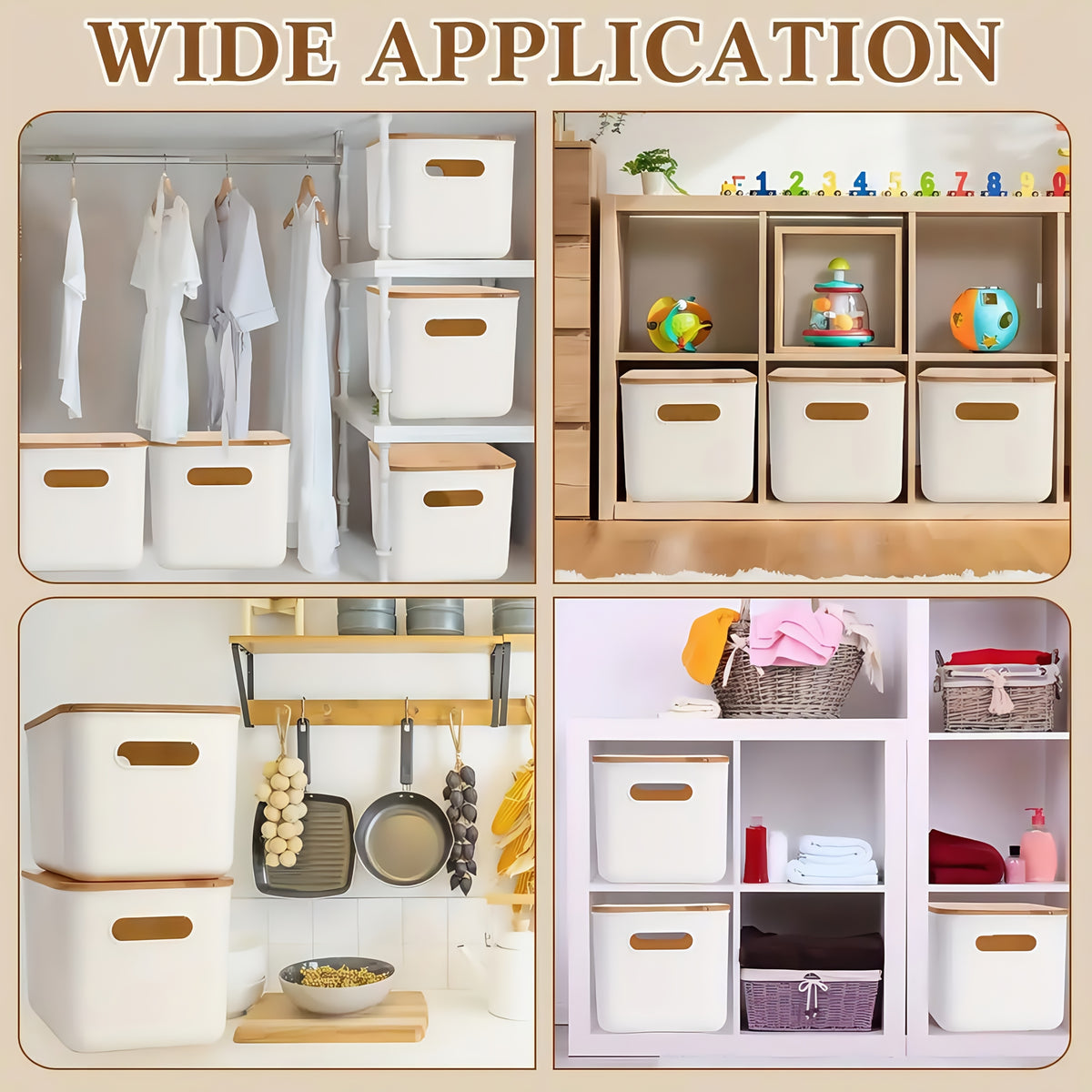 Storage Bins with Wood Lids, White Stackable Plastic Containers with Built-In Handles, 10.12 x 7.09 x 6.69 Inches in 1 2 4 or 8 Pack for Home Office Shelves